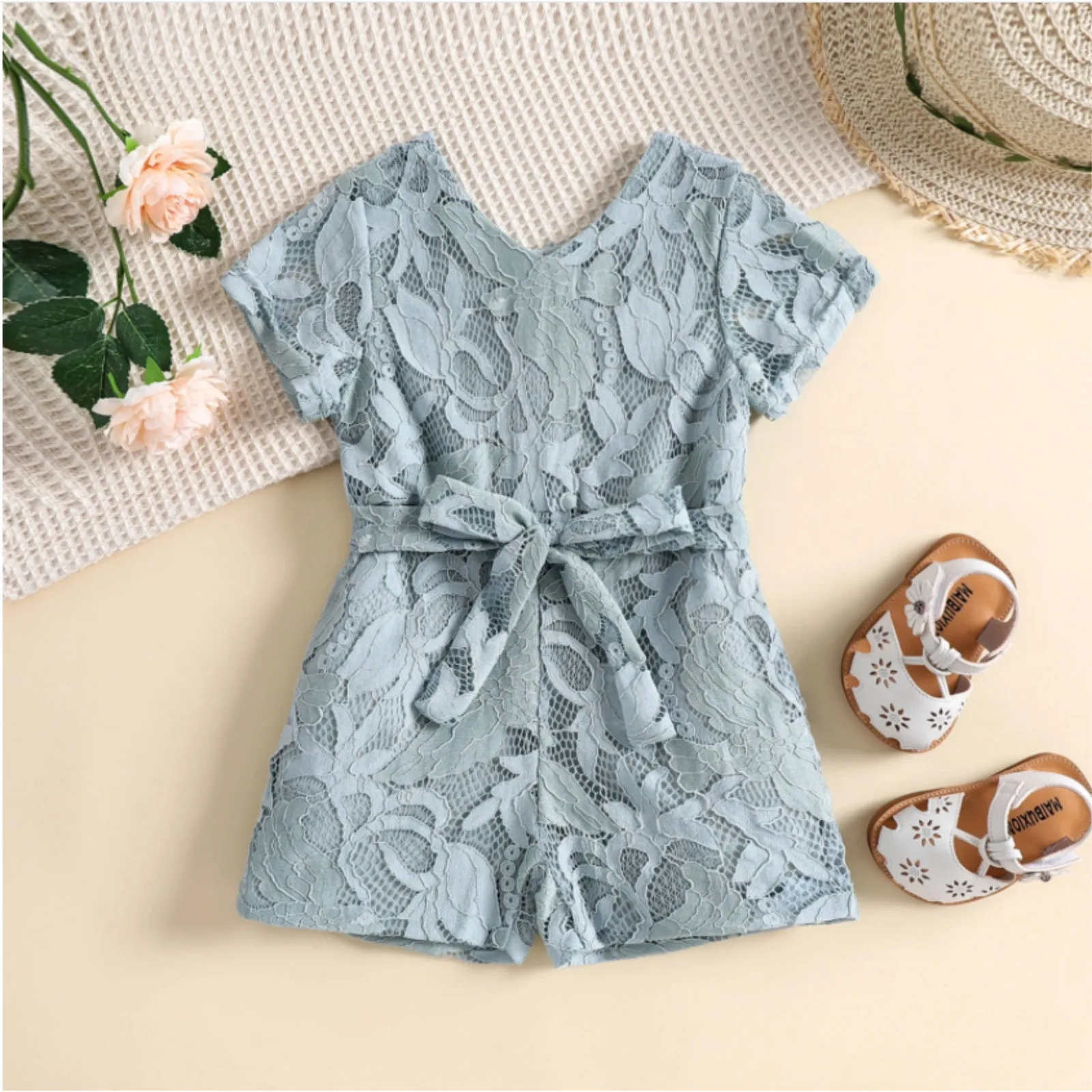 

Toddler Kids Girls Infant Soild Lace Hollow Out Short Sleeves Bowknot Romper Jumpsuit Floral Baby Clothes Girls Easter Clothes