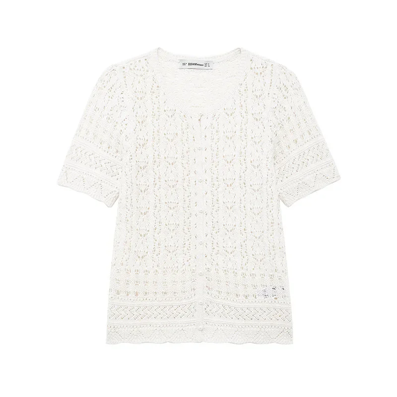 Женский жаккардовый Топ на пуговицах белый вязаный с короткими рукавами и