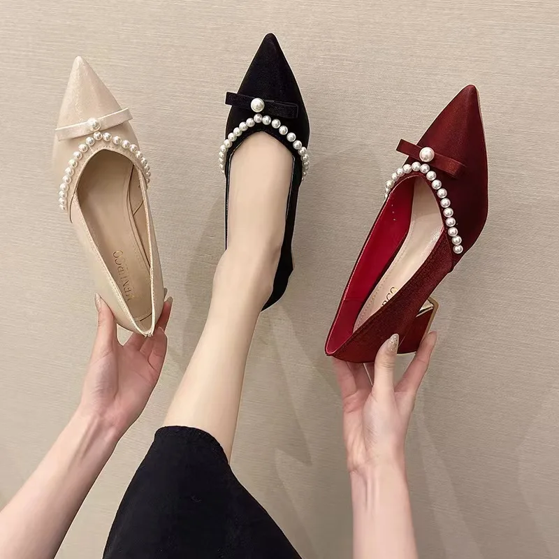 

2022 Summer Pearl Pumps Women Pointed Toe Ankle Strap High Heels Shoes Woman Med Heel Elegant Bowknot Dress Shoes Ladies New
