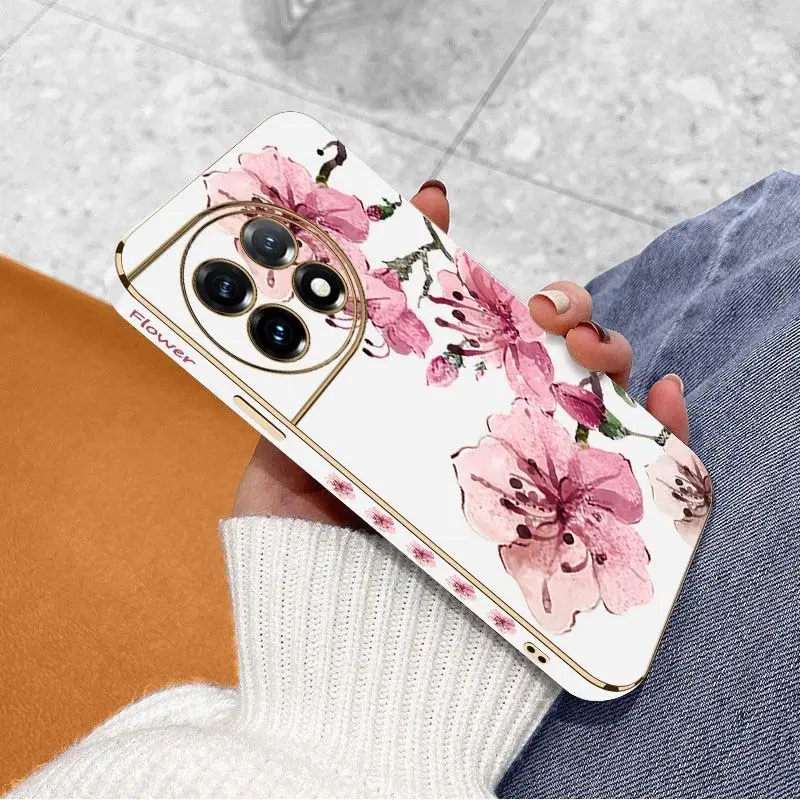 Ink Peach Blossoms Luxury Plating Phone Case For Oneplus 11 11R 10 Pro 10R 10T 9R 9RT 9 8T 8 8 Pro Cover