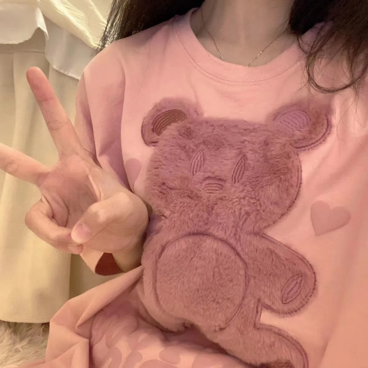 

Футболка с вышивкой в виде розового медведя, летняя одежда в стиле оверсайз, футболки с амином, забавная Милая футболка в японском стиле Хар...