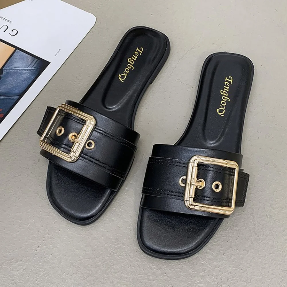 

Square Button Flip-flops Women 2023 Summer New Casual Flat Slippers for Women Big Size Solid Color Designer Beach Shoes Ladoes