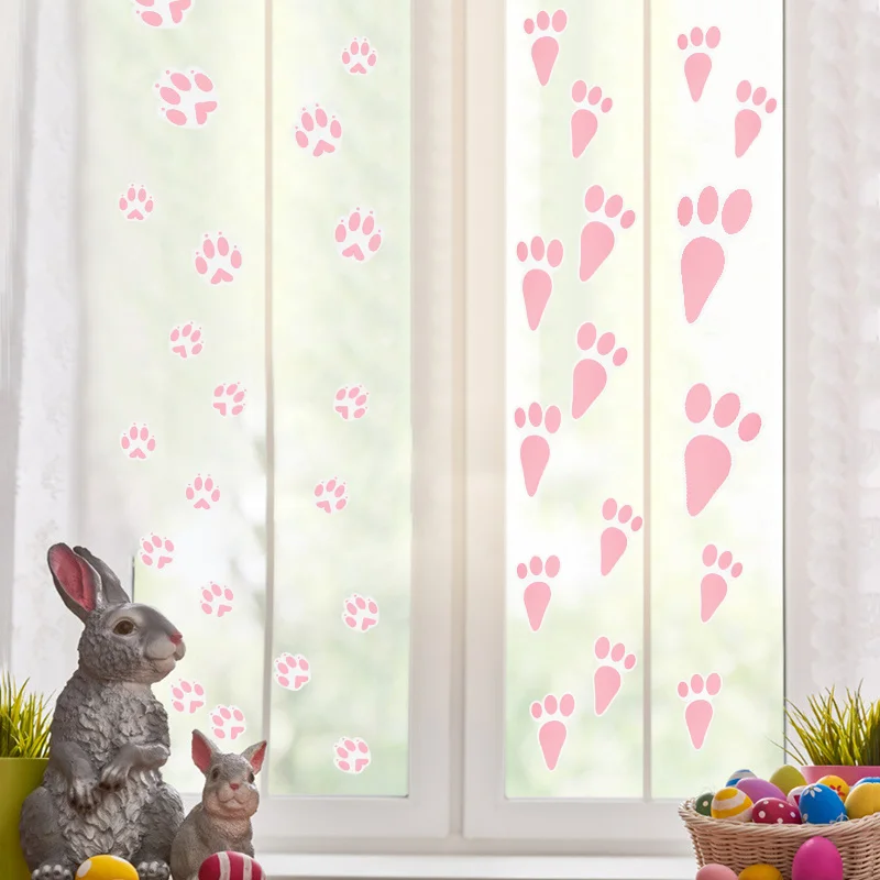 

3pcs Easter Pink Rabbit Footprint Sticker Living Room Home Wall Glass Children's Room Decoration Holiday Party Dress Up Supplies