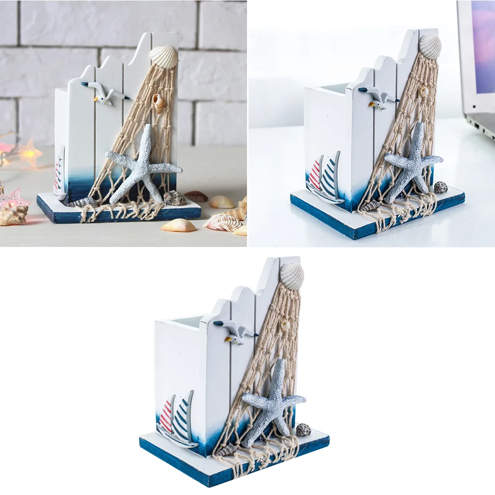 

Holder Pennautical Desk Decor Cup Woodenmakeup Brush Decoration Container Storage Organizer Beach Organiser Table Desktop