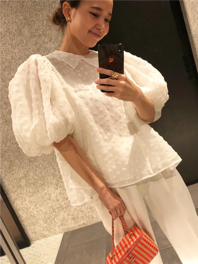 

LY VAREY LIN Summer Japan Style Puff Sleeve Shirt Blouse Women Fashion Peter Collar Print White Tops Lady Sweet A-line Shirts