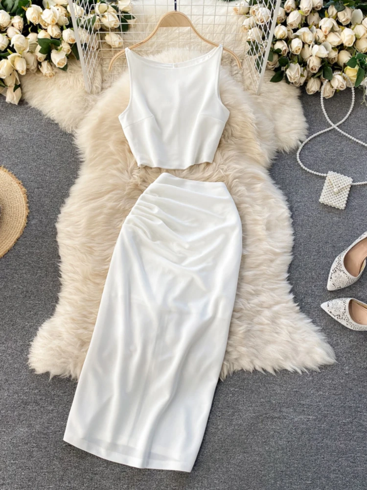 

Women Summer Solid Bodycon Dress Sets Elegant Slim Casual Fashion Office Lady O Neck Sleeveless High Waist Skirt Suits New 2023