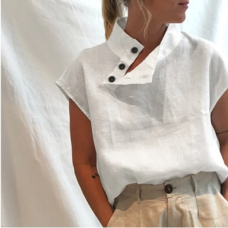 

Cotton Shirts Women Short Sleeve Blusas 2022 Summer Fashion Oversized Blouses Casual Loose Camisas Solid Tunic Tops