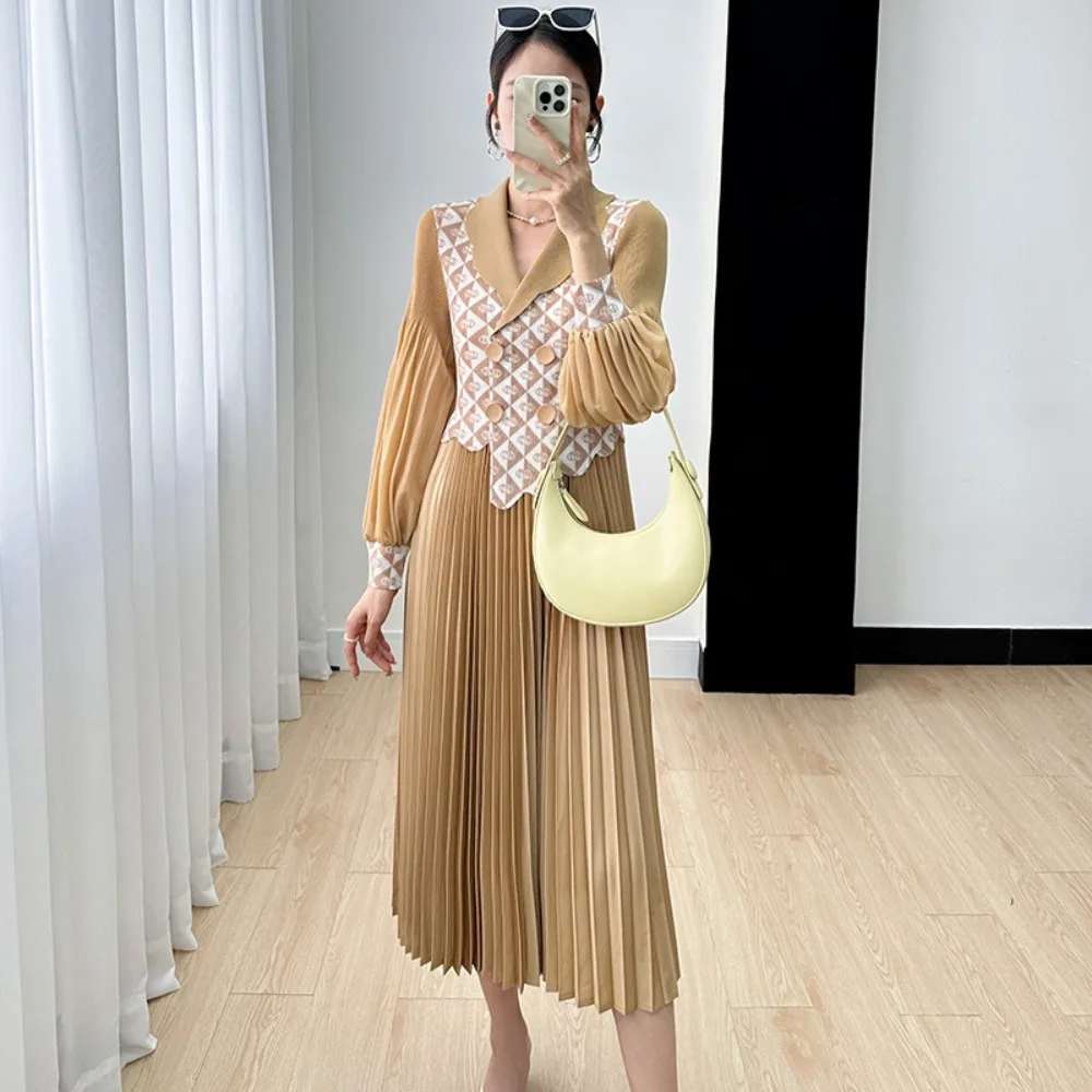 

Printed Lapel Bubble Sleeve Miyake Dress Women's 2023 Fall New Casual Drawstring Long Sleeve Fake Two Piece Pleated Long Dresses