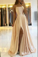 spaghetti strap long prom dress women satin sleeveless a line evening dresses lace up back graduation party formal gown vestidos
