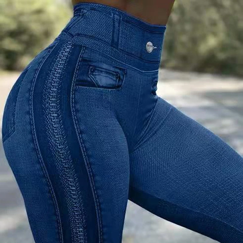 

Women Waist Faux Jeans High Elastic Graphic Print Skinny Autumn Winter Pants Comfortable Breathable Pencil Pants Trousers