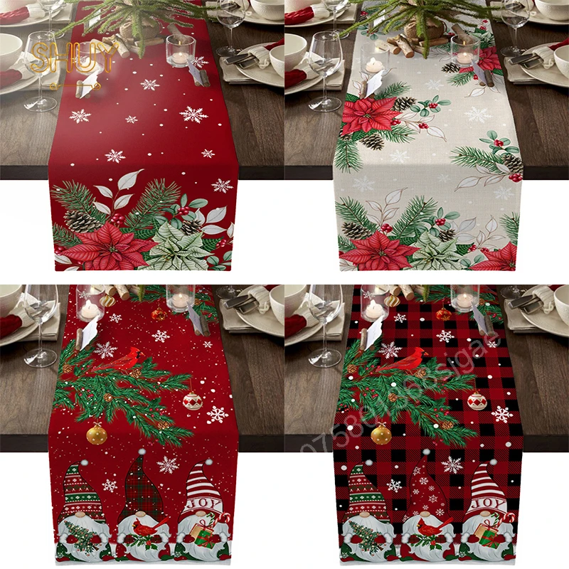 

Christmas Table Runner Flowers Berry Pattern Cover for Party Festive Kitchen Dinning Placemat Decor Home Decoration Tablecloth