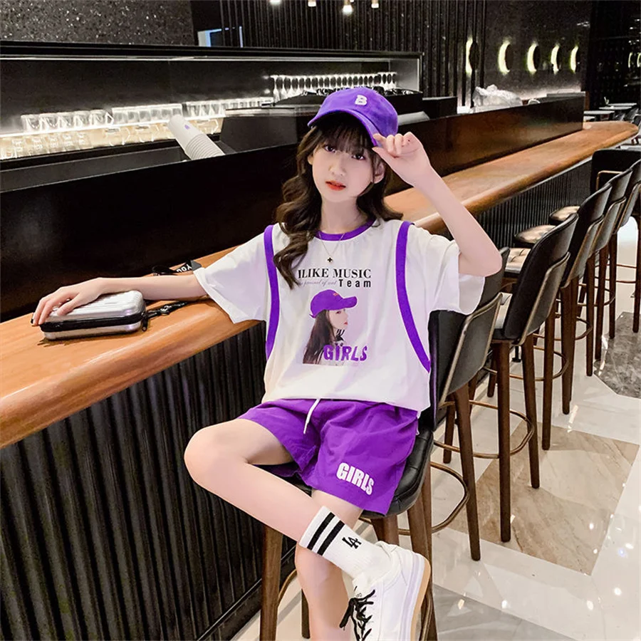 

Летний костюм для девочек, топ с коротким рукавом + шорты, комплект из 2 предметов для девочек, свободная детская спортивная одежда, повседневные комплекты детской одежды