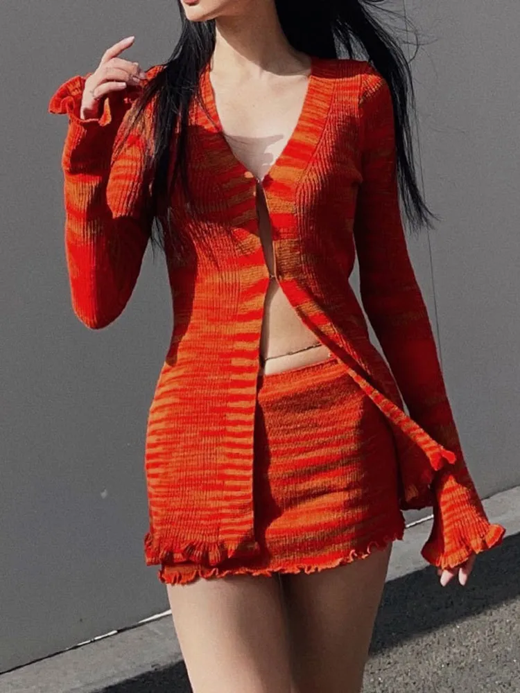 

hirigin Sexy Dress Sets Women 2022 Summer Fungus V Neck Hollow Out Long Sleeve Tops Mini Skirt 2 Piece Set Beach Holiday Outfits