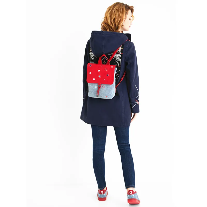 

Spain 2022 fashion Embroidered denim with a red PU backpack