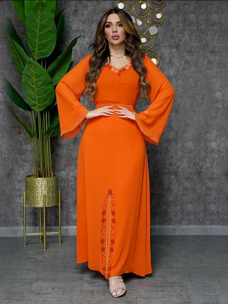 Eid Morocco Party Dress Women Muslim Ramadan Abaya Dubai Abayas Diamond Chiffon Kaftan Elegant Robe Vestidos Turkey Gown 2023