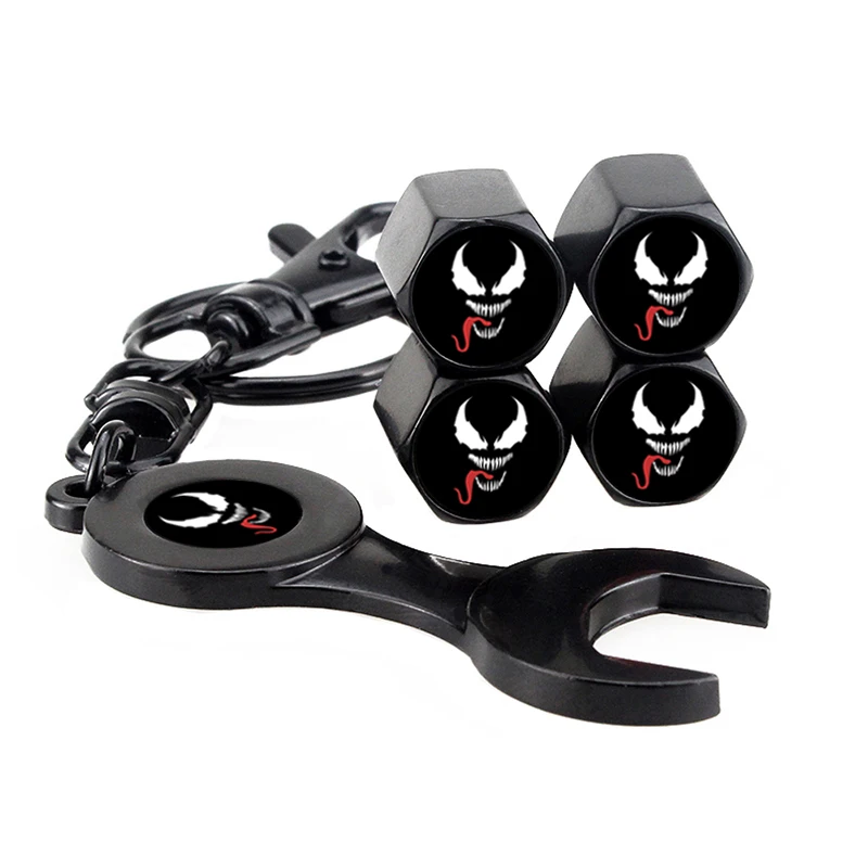 

4 шт., аниме, мультфильм Marvel Venom, колпачки для колес автомобиля, колпачки для штока клапана, воздушные чехлы с гаечным ключом для Audi BMW Mercedes Benz Volvo Subaru VW