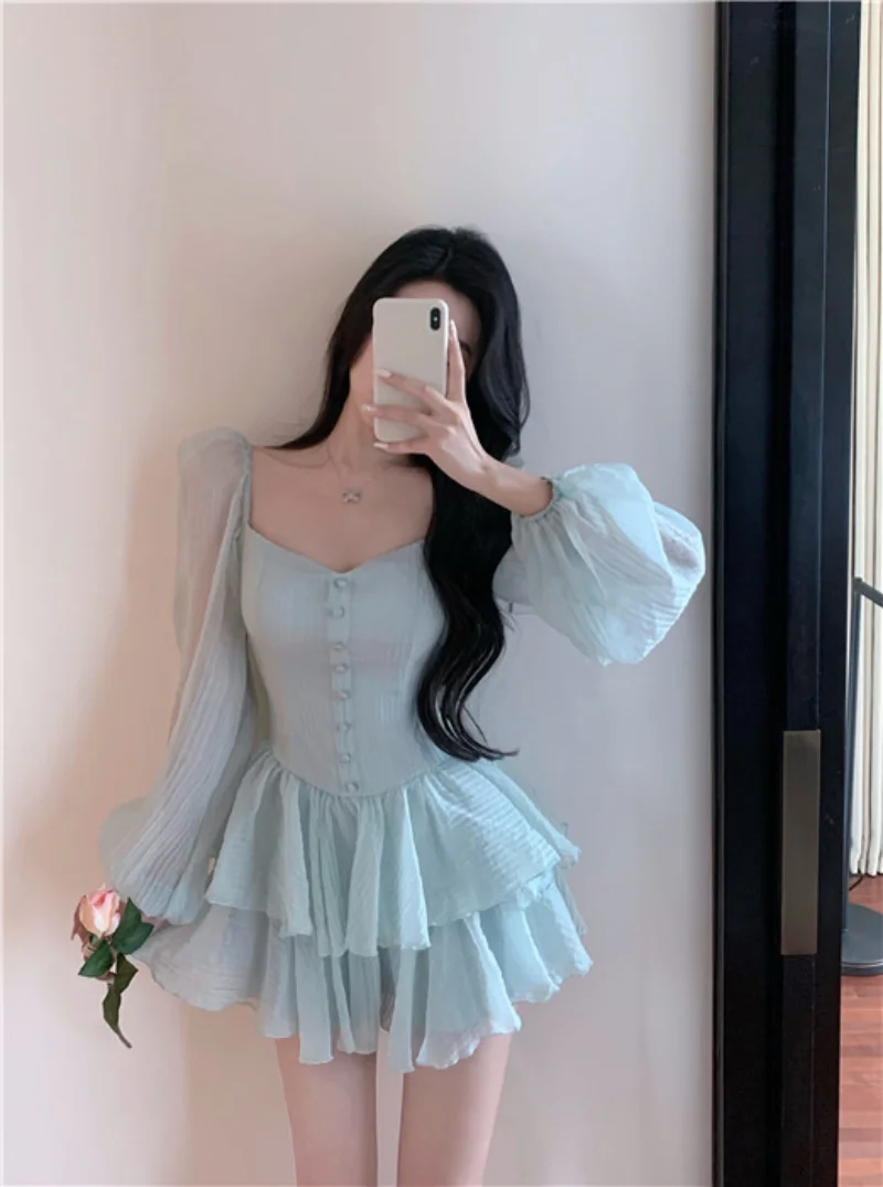 

WDMSNA платья с пышными рукавами, элегантное шифоновое платье-трапеция, женское летнее платье-мини во французском стиле, новые милые короткие ...