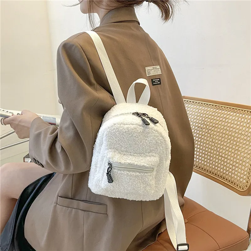 

Mini Plush Backpack Solid Color Women Little Girls Wild Fashion Soft Autumn Winter Stylish Small Daypack for Shopping Street