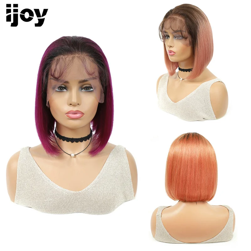 Short Bob 13x4 Lace Front Human Hair Wigs Ombre Pink Purple Orange For Black Women Brazilian Non-Remy Wig IJOY |