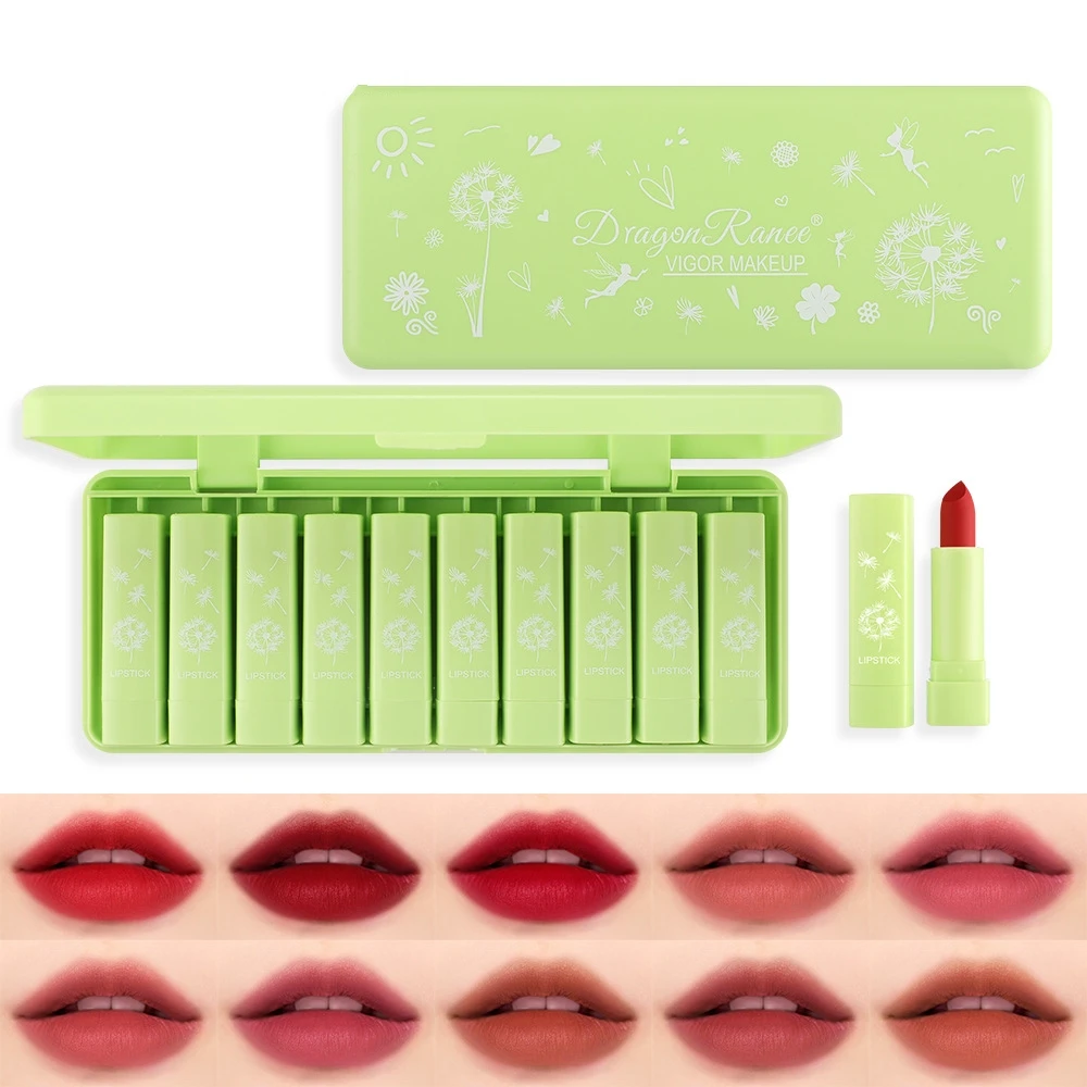 

10pcs/Box Green Mini Lipstick Sample Combination Pack Matte Matte Lasting Small Lipstick Set