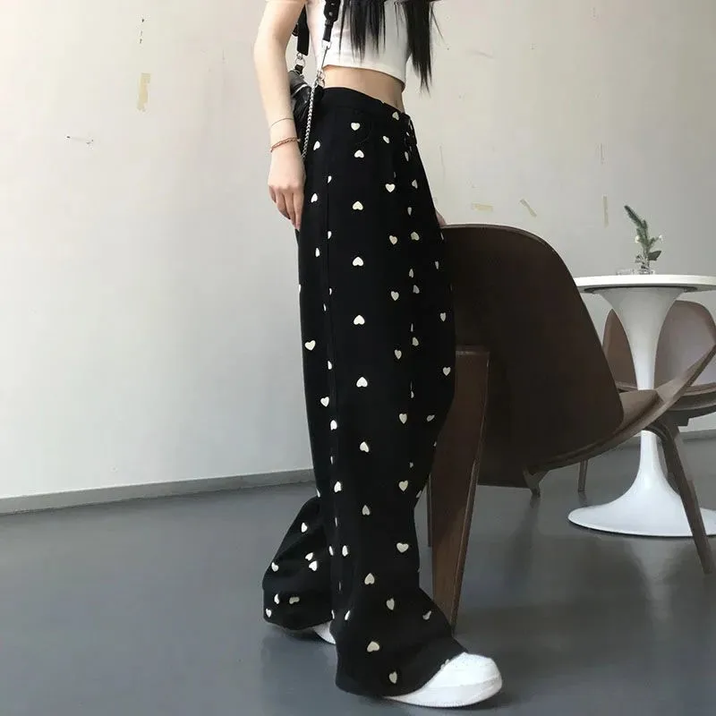 Slender Loose Wide-leg Pants Women's Slim All-match Love Print Casual Pants High-waisted Straight-leg Pants