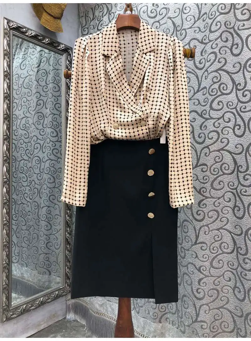 High Quality Skirt Suits 2022 Autumn 2 Piece Sets Women Notched Collar Geometric Prints Long Sleeve Blouse+Black Pencil Skirts