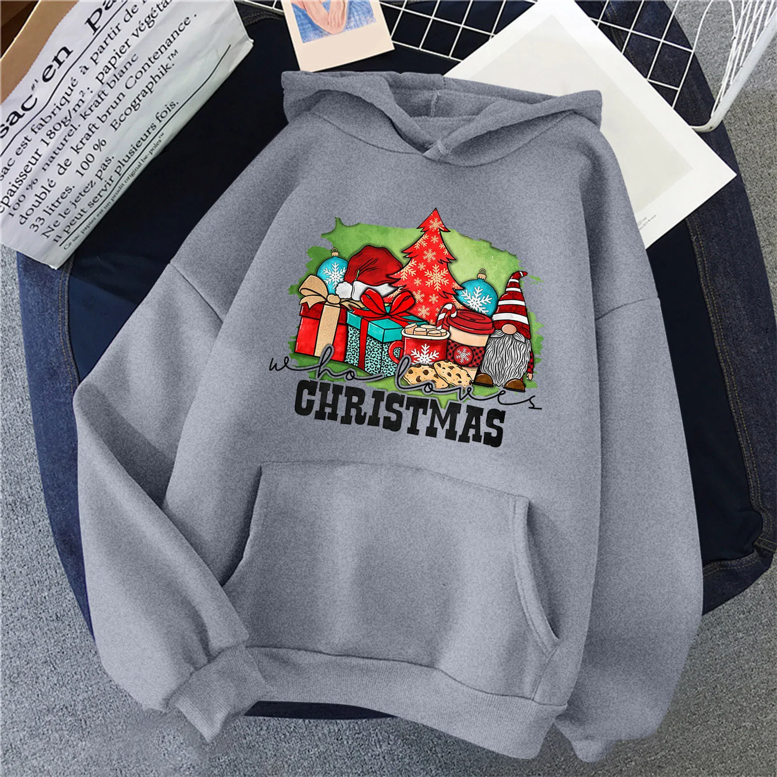 

Women Pocket Crewneck Christmas Print Long Sleeve Hoodie Sweatshirt Blouse Women Graphic Hoodies Pullover Winter Hoodie Women