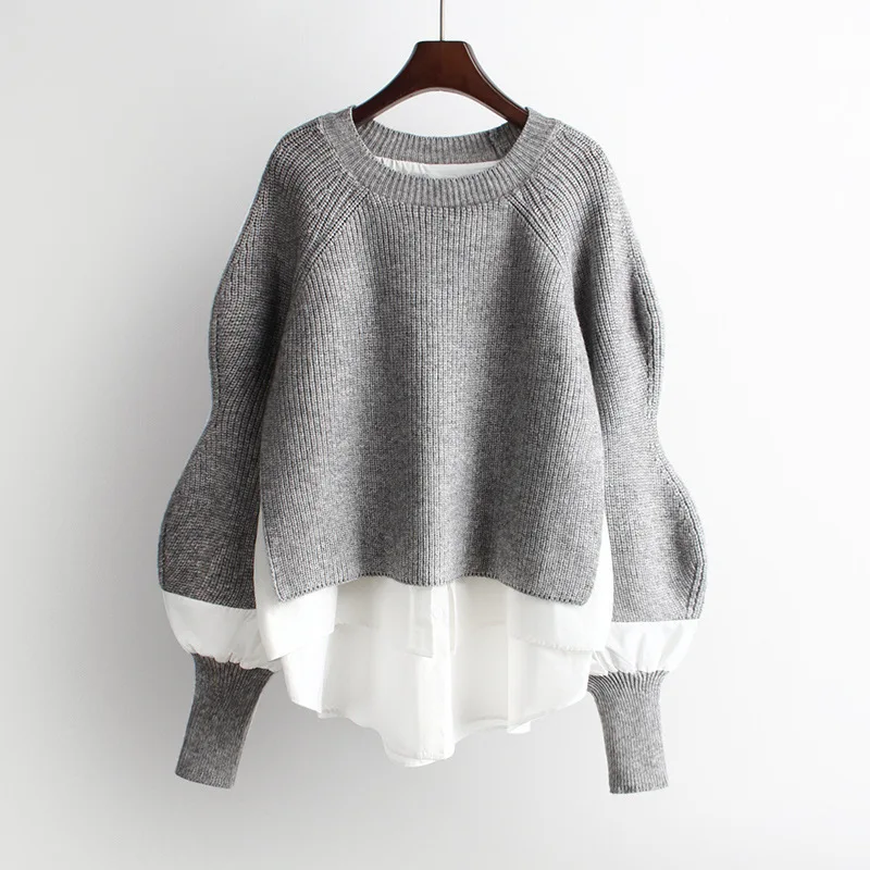 

Autumn Winter Sweater 2020 Women Sweater Splicing Shirt False Sweater Two-piece Knitted Wear Long Sleeve Sweater