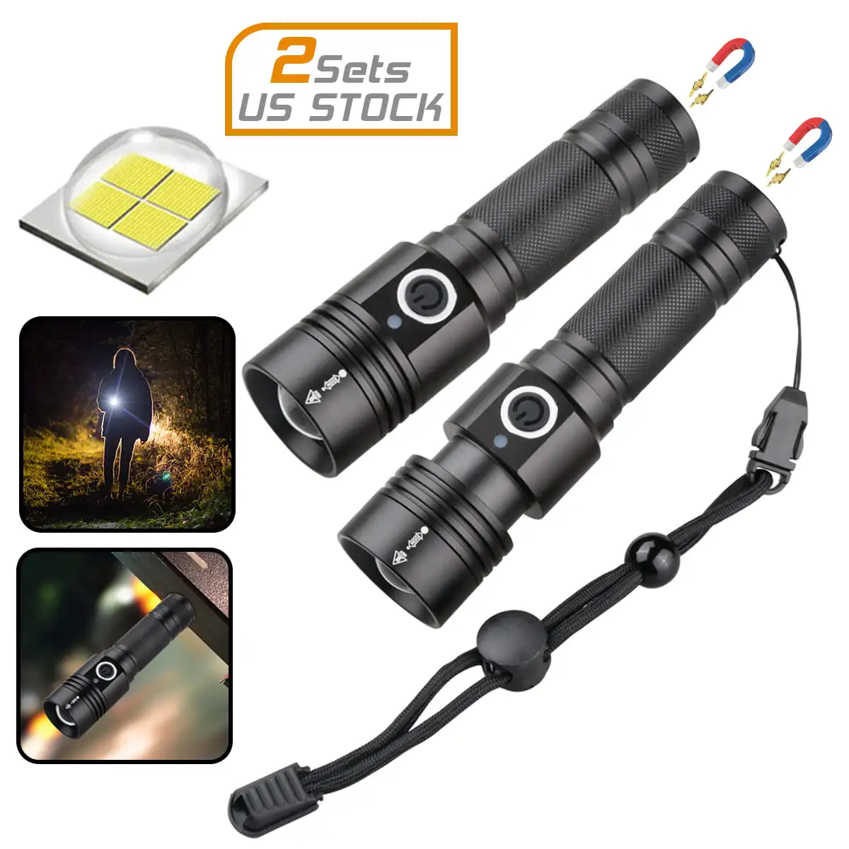 

2 Sets USB Rechargeable Flashlight XHP50 LED 5000 Lumens Base Torch Lamp with Battery