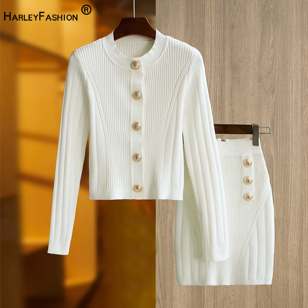 

3 Colors Newest 2023 Spring Slim Fit Cardigan Knitted Twin Sets Black/White/Light Blue Designer Skirt 2 Pieces