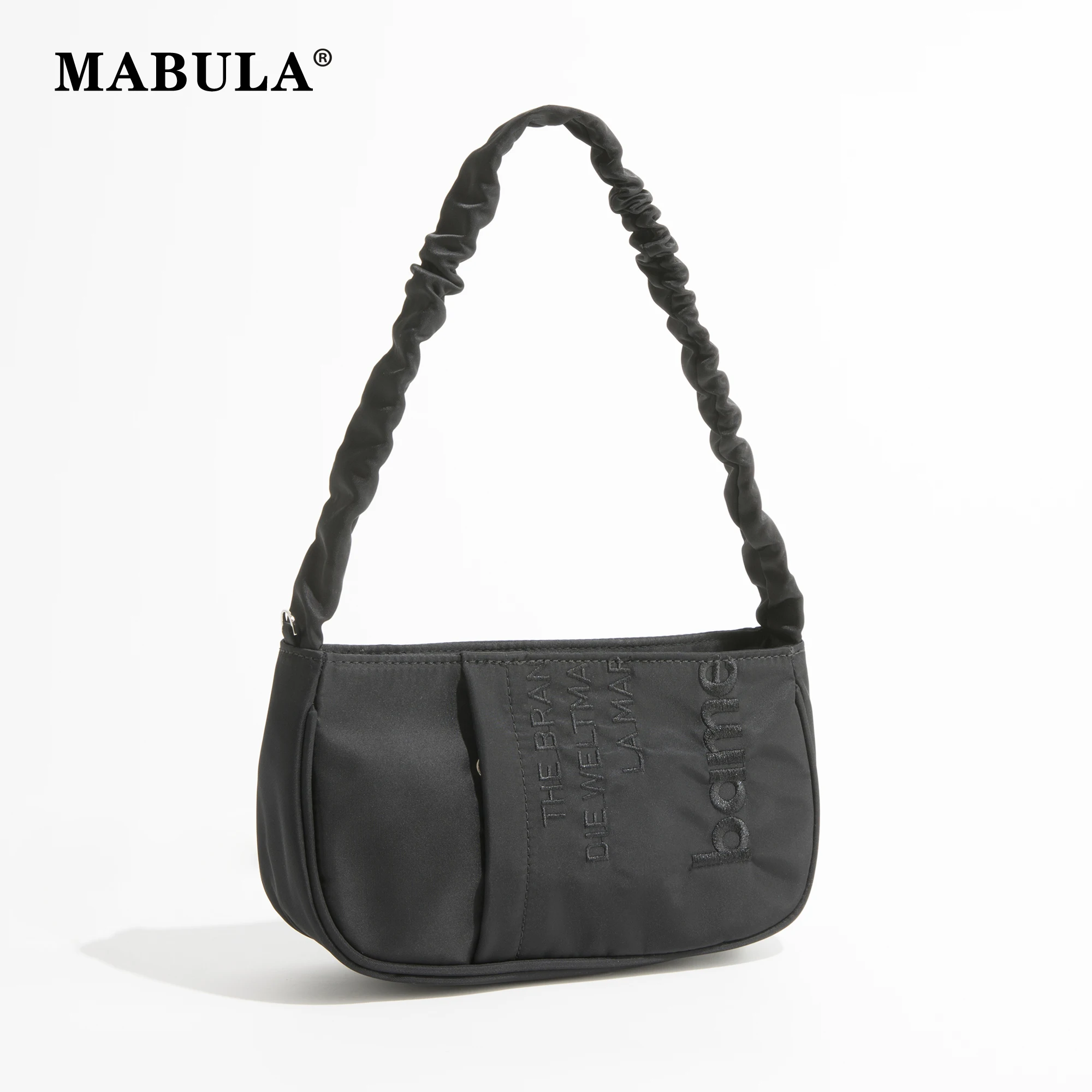 

MABULA Half Moon Nylon Underarm Shoulder Bag Letter Mbroidery Tote Handbag with Ruched Handle Small Chic Crossbody Purse