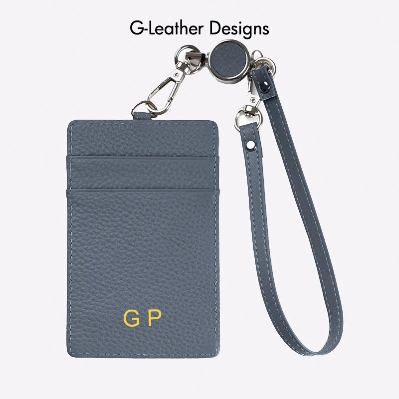Fashion Genuine Leather Lanyard ID Badge Holder Pebbled Leather Work Office Card Holder With Neck Reel 2 Strap Custom Name