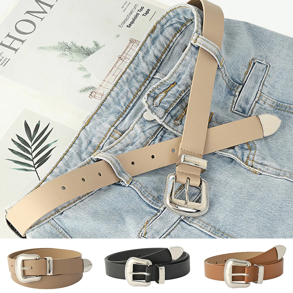

Women Silver Wide Waist Belt Metal Buckle Solid Color PU Leather Belt All Match Fashion Casual Simple Dress Jean Pants Waistband