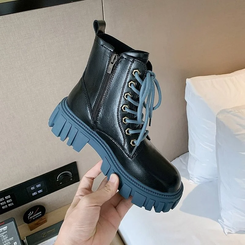 Boots Women's Thick Bottom Autumn and Winter Fashion Single Boots British Style Cake Lace-up Ankle Boots Botas De Mujer