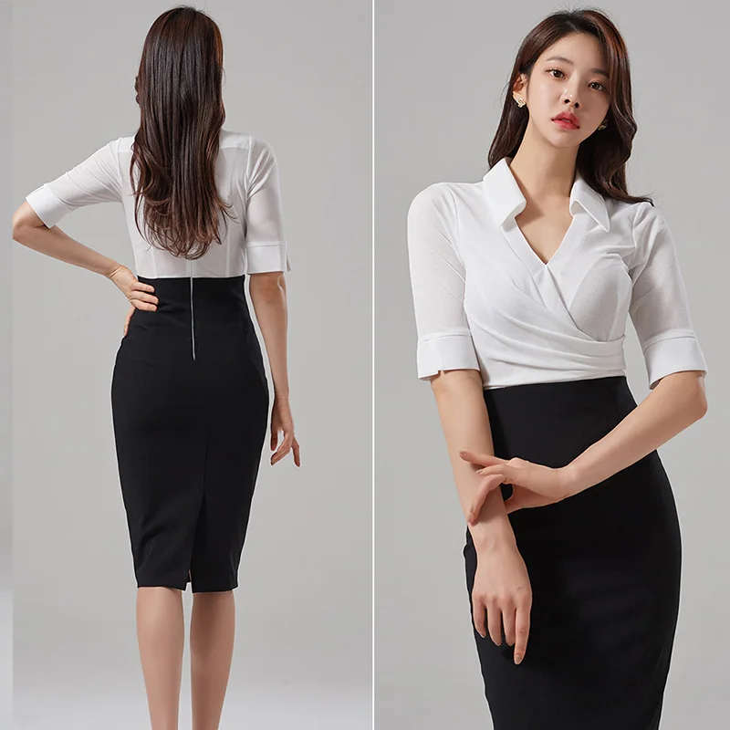 

Korean Summer Women Office OL Work Bodycon Dresses Fashion Hit Color Patchwork Slim Waist Business Party Dress Vestidos 2022 New