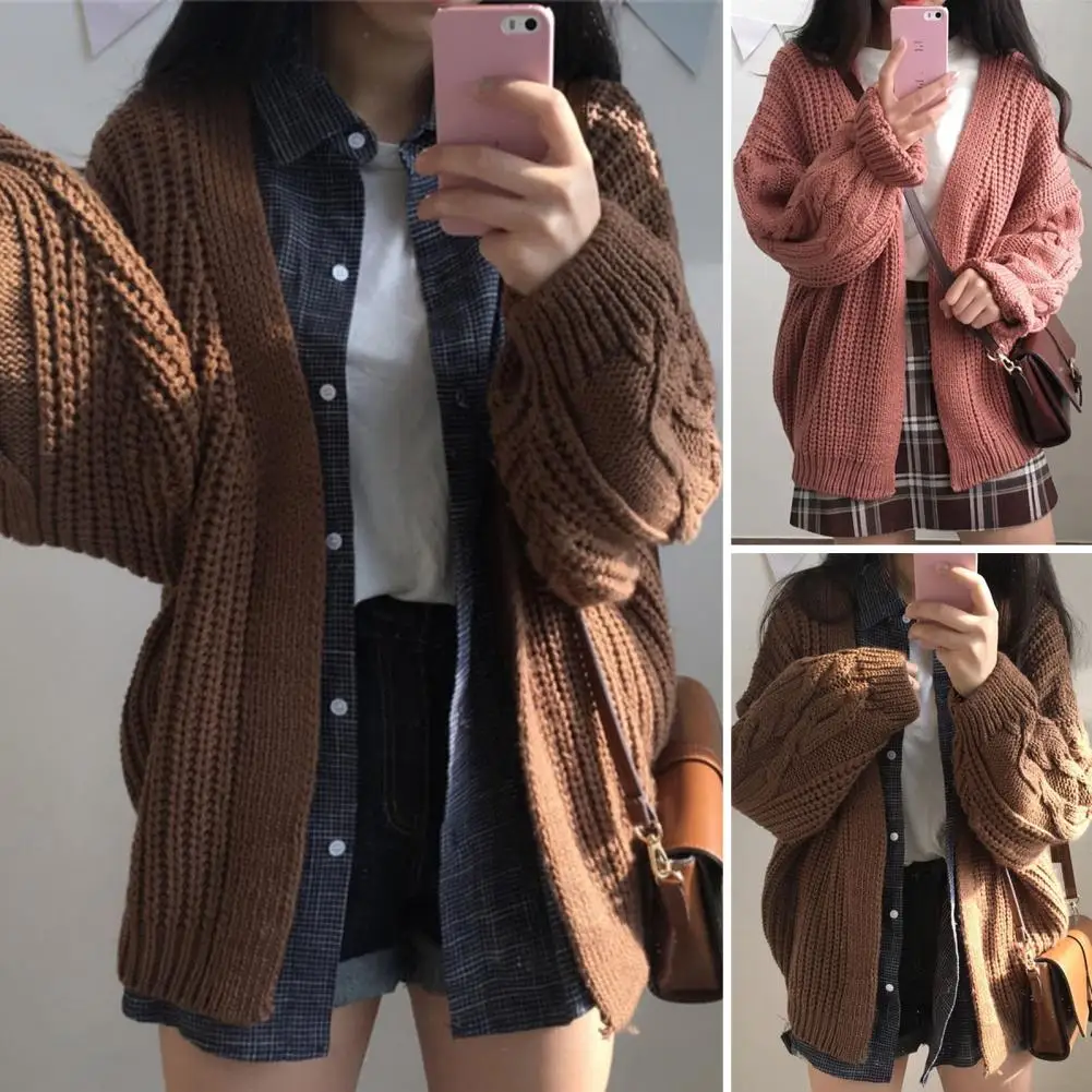 

Autumn Winter Women Cardigans Sweater Coats Fashion Female Twisted Long Sleeve V-neck Solid Color Loose Casual Knitted Jackets