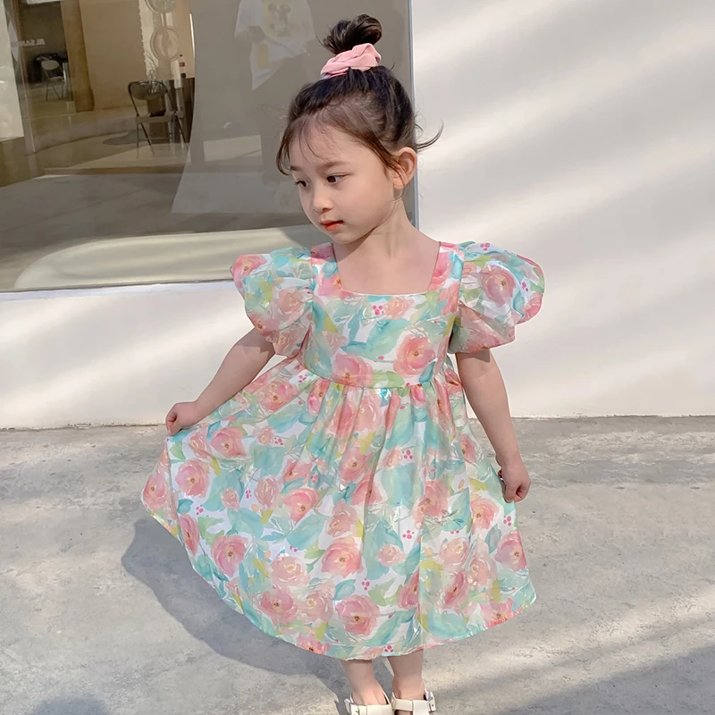 

2-8 Years Kids Dress Girls Summer Cute Clothings Vintage Puff Sleeve Square Neck Elegant Party Mini Roba Flower Girl Dresses