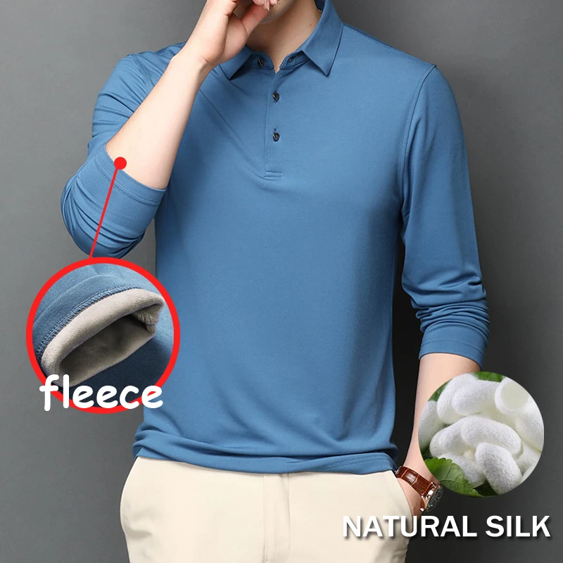 

47.5% Modal 5.8% Silk Heavyweight Winter Mens Thermal Poloshirt Long Sleeve With Fleece Lined Soft T-shirt Solid Color Polos Man