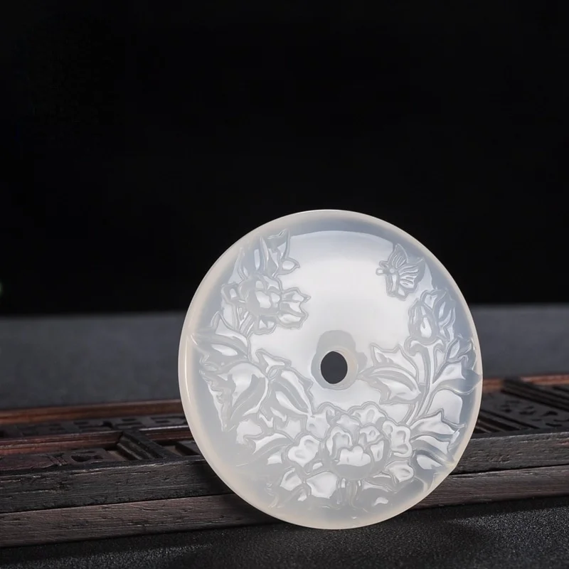 

Natural White Chalcedony Peony Flower Jade Pendant Necklace Chinese Hand-Carved Fashion Charm Jewelry Amulet for Men Women Gifts