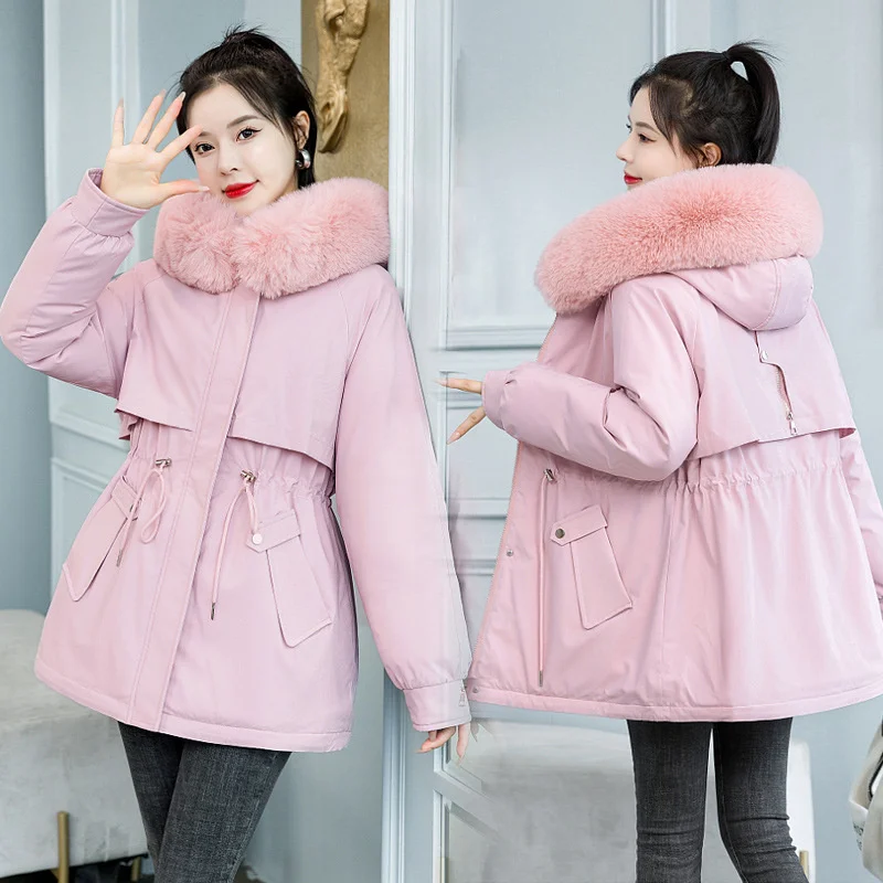 Medium length style overcame women's 2022 winter new Korean version thickened loose cotton padded clothes Large women's cotton