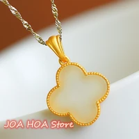 high quality ancient inlaid natural hetian jade white jade pendant double sided wearing leaf clover necklace chain jewelry