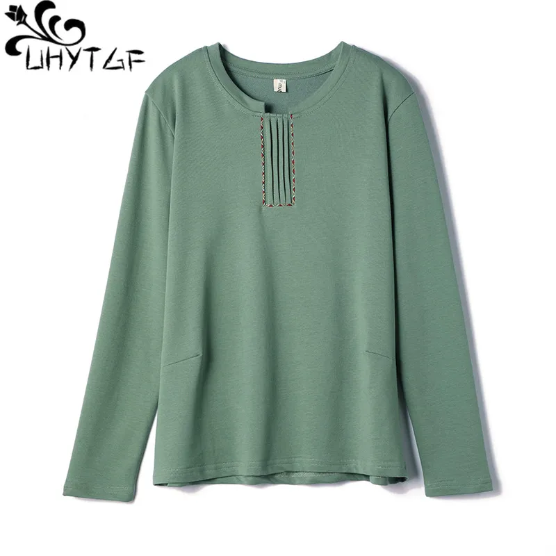 

UHYTGF Middle-Aged Mothers Autumn T-Shirt Long Sleeve O Neck Cotton Comfort Loose Size Top For Women Casual Bottoming Shirt 1702