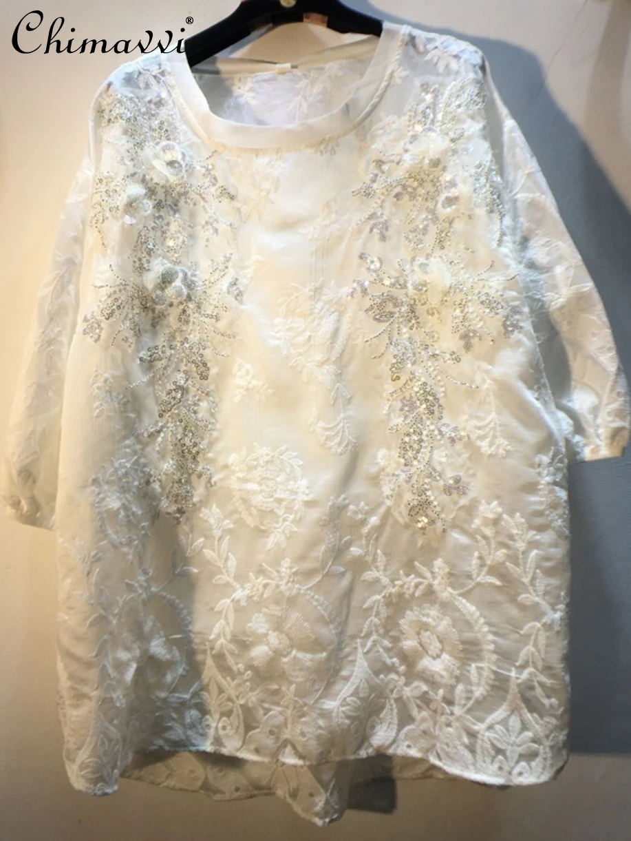 

European 2022 Summer New Heavy Beads Sequins Loose-Fit Slim Versatile Embroidery Lace Shirts Temperament Fairy Women Tops