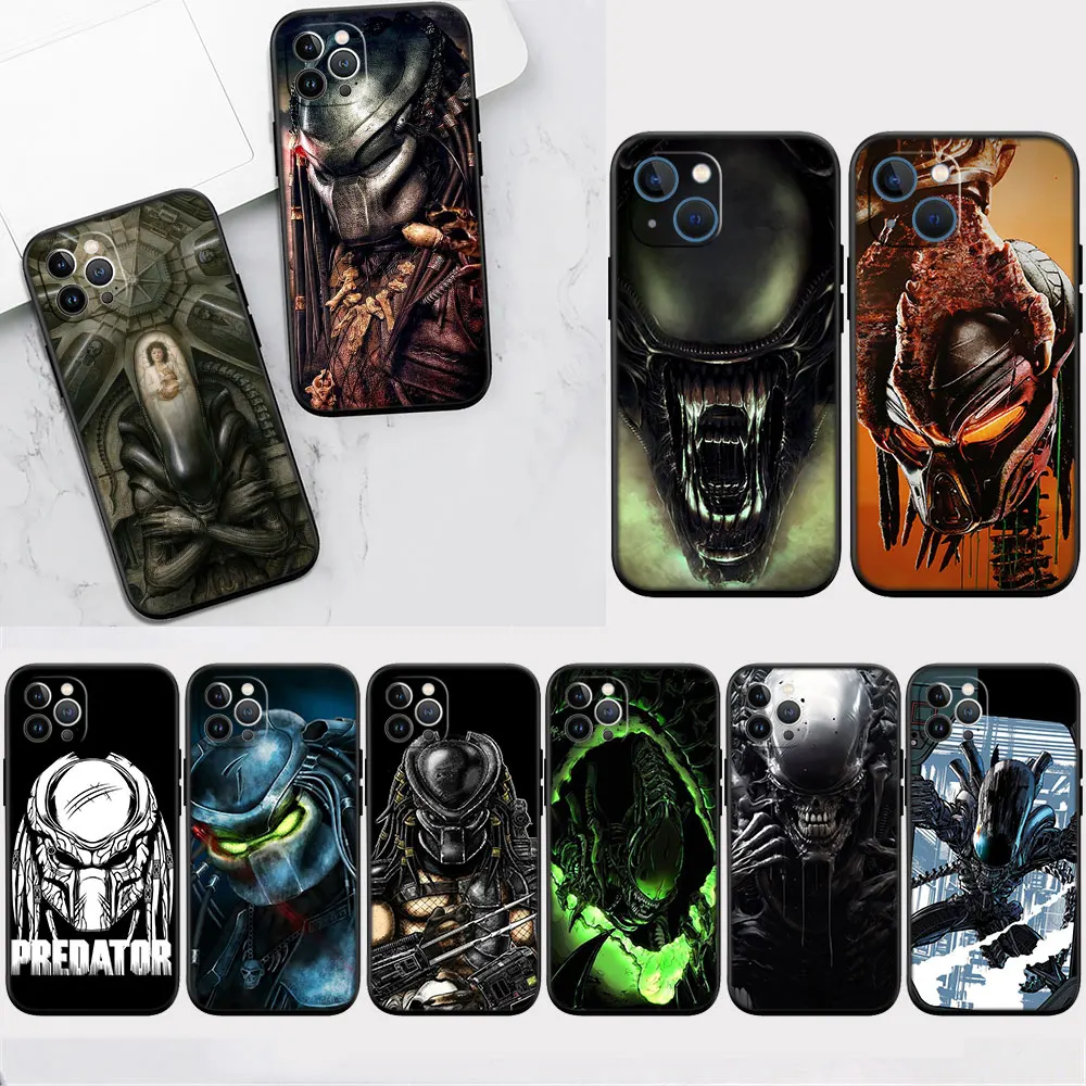Мягкий силиконовый чехол для iPhone 15 14 13 12 11 Pro Max Mini Plus 1 пара Aliens vs Predator Xenomorph