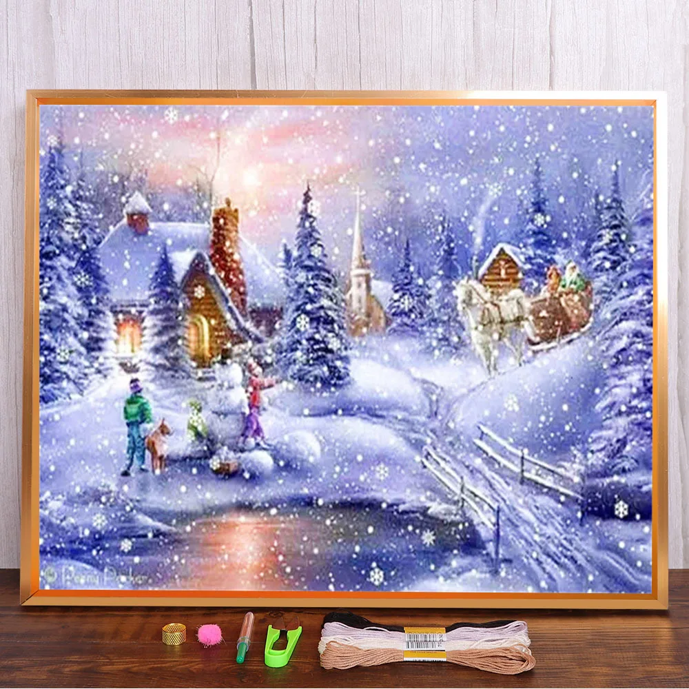 

House Winter Scenery Printed Water-Soluble Canvas 11CT Cross-Stitch DIY Embroidery Complete Kit DMC Threads Needle
