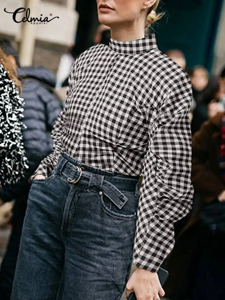 

Celmia Women Fashion Plaid Shirt Office Lady 2022 Spring Elegant Puff Long Sleeve Blouse Casual Stand Collar Pleated Tops Tunic