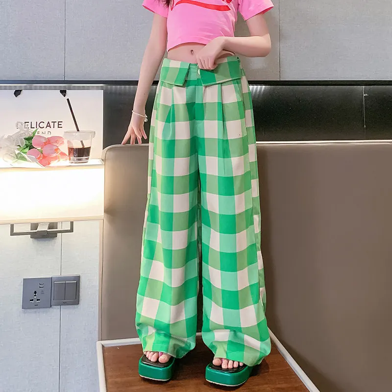 

Брюки в клетку для девочек 6-14 лет, классические штаны с широкими штанинами, в повседневном стиле, одежда для подростков