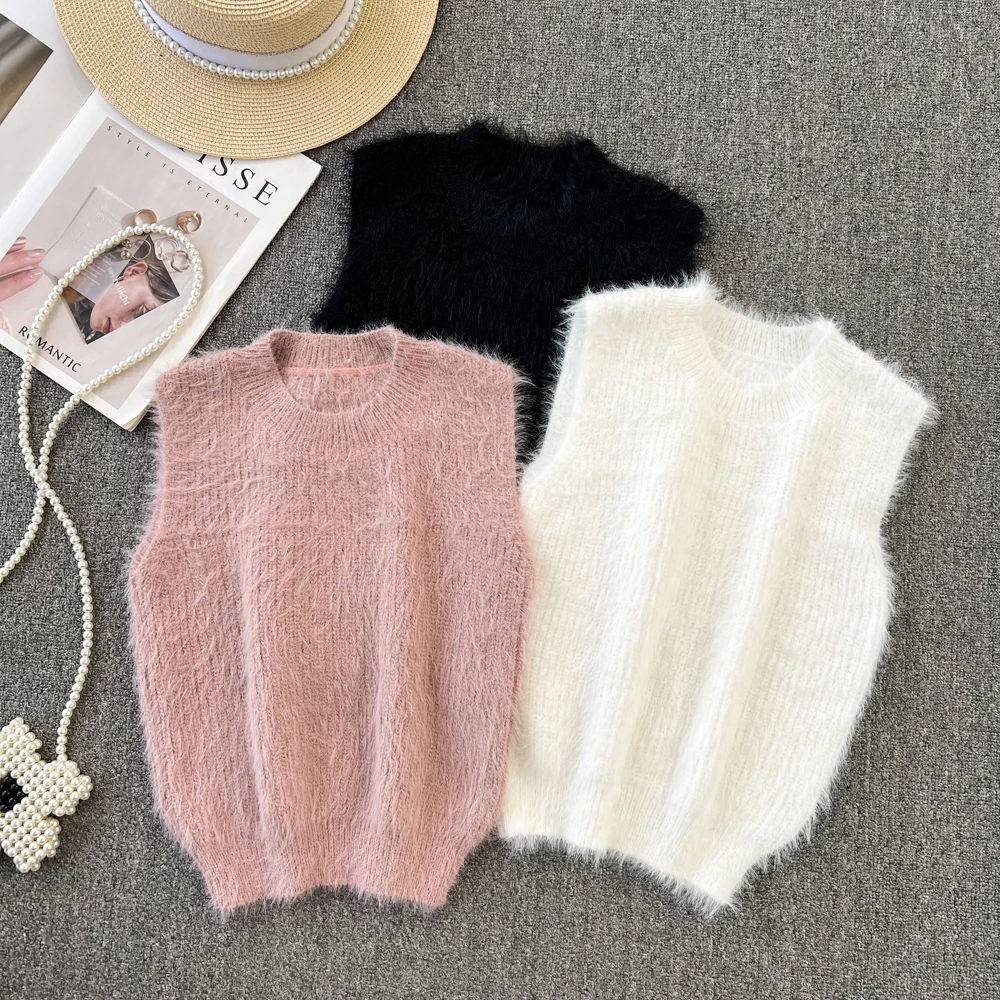 

Женский пушистый вязаный жилет, свитер без рукавов, пуловер, топ, корейская мода, повседневный винтажный жилет, Осень-зима, шикарная верхняя ...