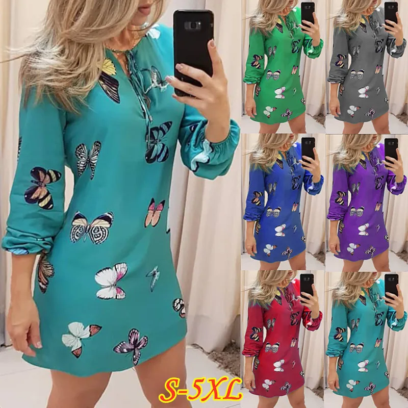 2023 Fashion New Women's Butterfly Print V-Neck Strap Lantern Sleeve Dress Mid Dress