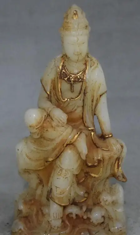 

8 дюймов, китайская старинная Нефритовая позолоченная резьба, Гуань цюань Инь, фотостатуя